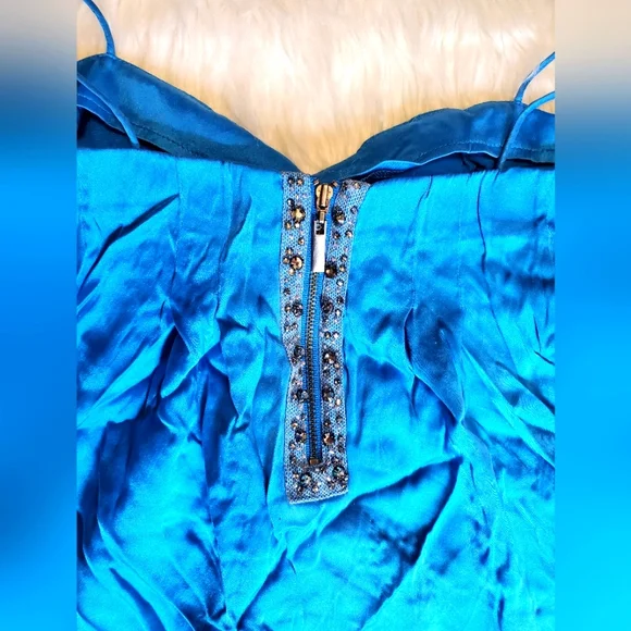VINTAGE Rebecca Taylor Satin Silk Flowy Blue Dress Size 2 Gem Zip up back - Picture 4 of 12